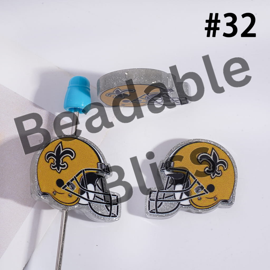 Acrylic Beads USA American Football Team Helmet Series, with Silver Glitter, 22*26MM