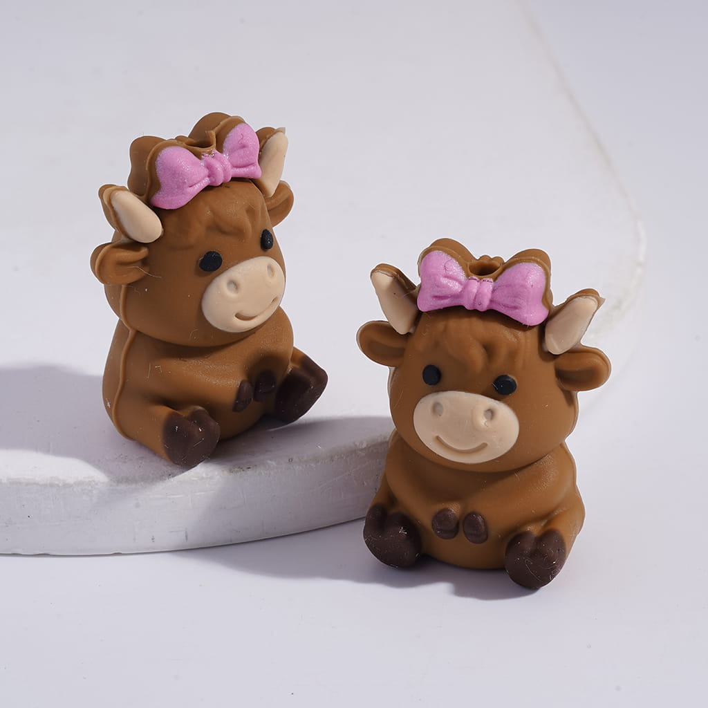 Silicone Focal Beads 3D Cute Cow with Pink & Teal Bowtie
