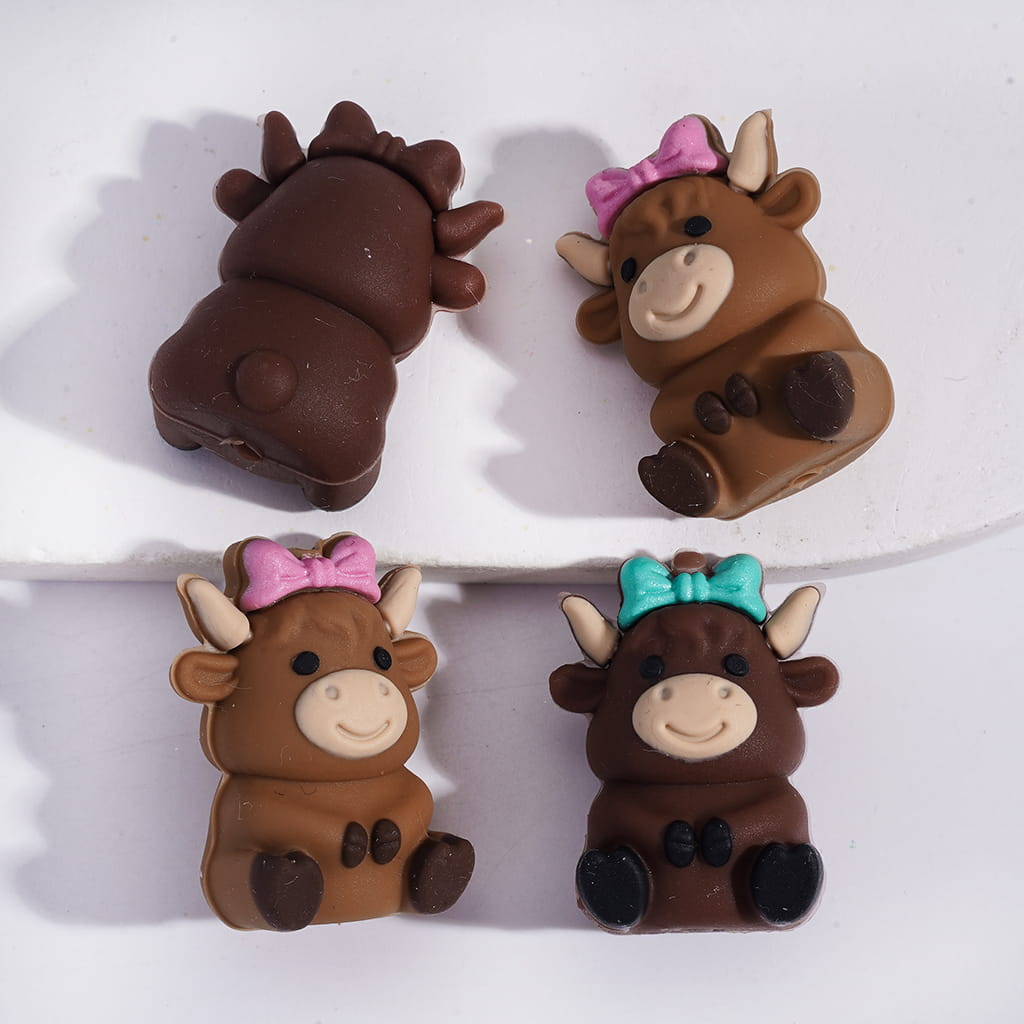 Silicone Focal Beads 3D Cute Cow with Pink & Teal Bowtie