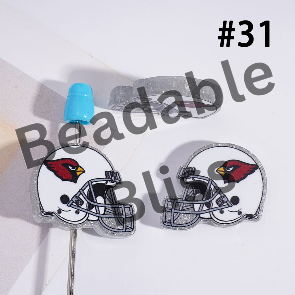 Acrylic Beads USA American Football Team Helmet Series, with Silver Glitter, 22*26MM