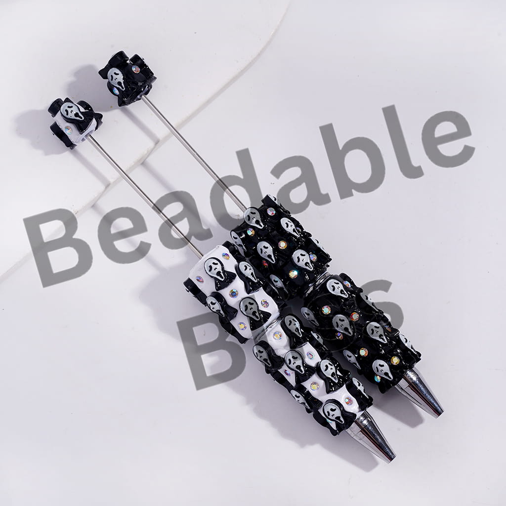 Beadable Clay Pens with Horror Mask on White and Black Background, AB Rhinestones