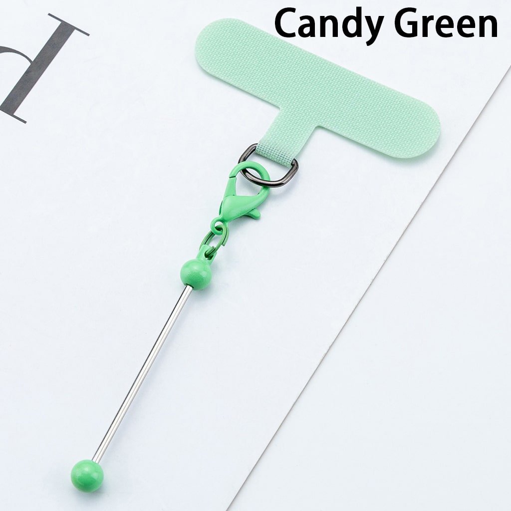 Candy green lanyard with metal clip and beads on a white background