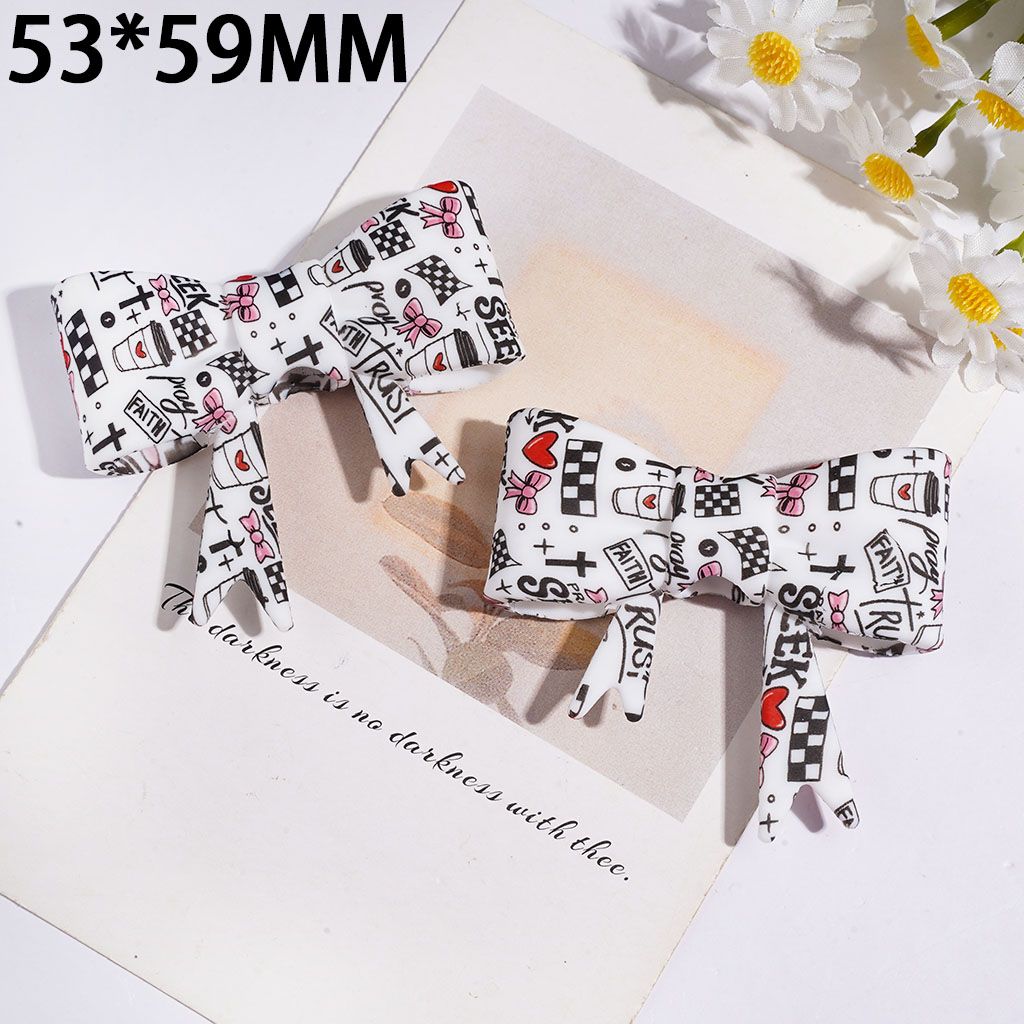 Silicone Focal Beads Soft Bowtie with Bowtie Cross Checkerboard Heart Coffee Text Prints, 53*59MM