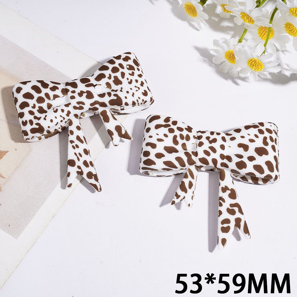 Soft Bowtie Brown White Leopard Jaguar Spots Dots Printed Silicone Focal Beads, 53*59MM