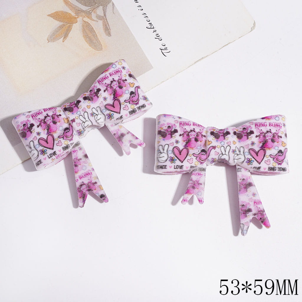 Soft Bowtie with Pink Elephant & Hearts & White Hand Patterns Silicone Focal Beads, UV Printed Process, 53*59MM
