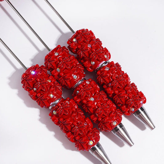Beadable Clay Pens with Red Maple Leaves and AB Rhinestones