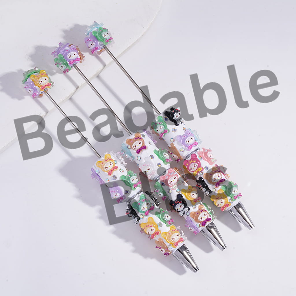 Beadable Clay Pens with Cute Cat Character with Shiny Bear Hat and AB Rhinestones
