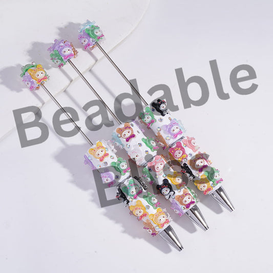 Beadable Clay Pens with Cute Cat Character with Shiny Bear Hat and AB Rhinestones