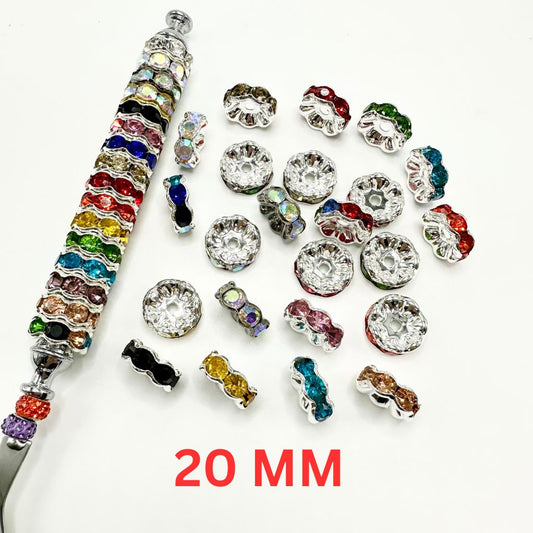 Assorted colorful wavy spacers with rhinestones, measuring 20mm, displayed on a white background

