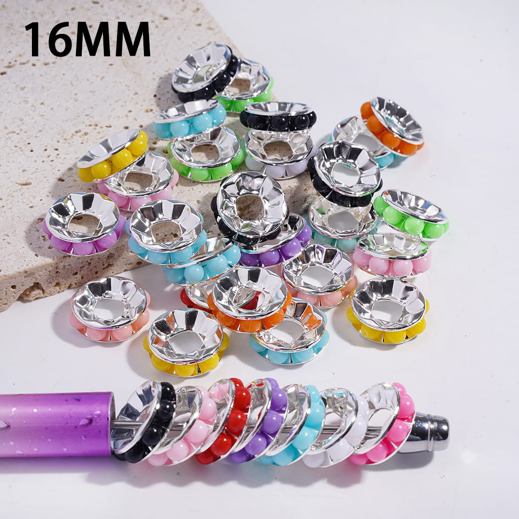 Silver Metal Spacer Round Beads with Macaron Colors Pearls, Around 16MM, Large Hole, Random Mix (The Hole Diameter is Around 5MM)