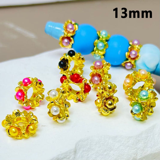 A collection of gold metal alloy flower spacers with colorful pearls inside, measuring 13mm.

