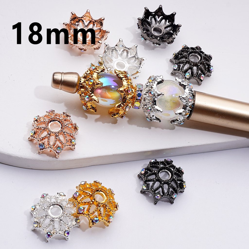 Decorative metal components with gemstones on a white background, labeled '18mm'.

