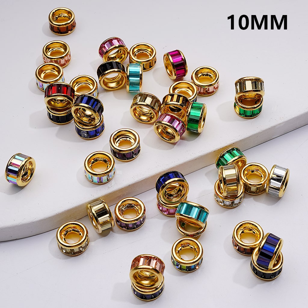 Colorful beads with gold accents on a white background, labeled '10MM'.

