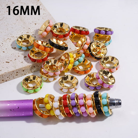Gold Alloy Spacer Round Beads with Macaron Colors Pearls, Around 16MM, Large Hole, Random Mix (The Hole Diameter is Around 5MM)