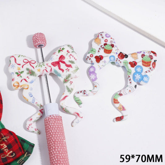 Silicone Focal Beads Bowknot with Long Ribbon and Christmas Elements Series Patterns, 59*70MM, Random Mix