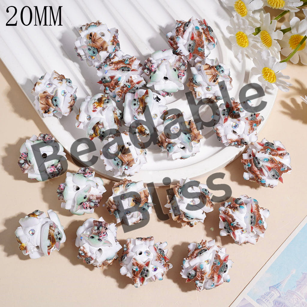 Clay Beads with Green Space Alien Character and AB Rhinestones, 20MM Random Mix