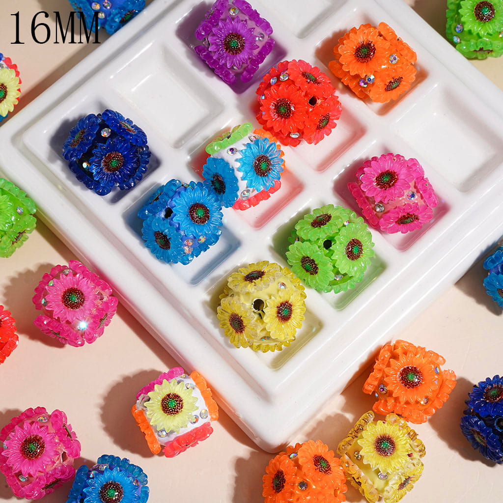 Clay Beads with Daisy Flower and AB Rhinestones, 16MM Multi-Color Random Mix
