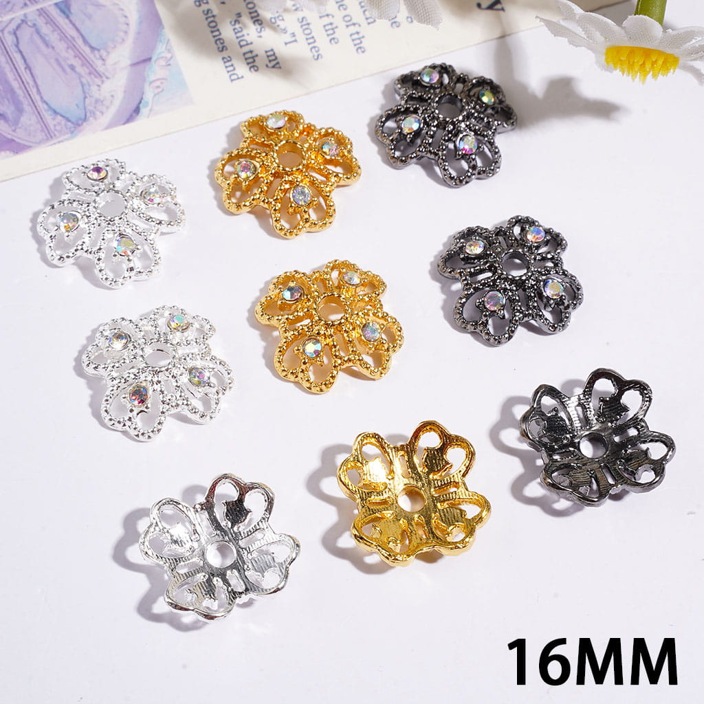 Alloy Bead Cages Heart Shaped Four Leaf Clover with AB Rhinestone, Bead Cap, 16MM Multi-Color Random Mix  (They Fit 14MM Beads)