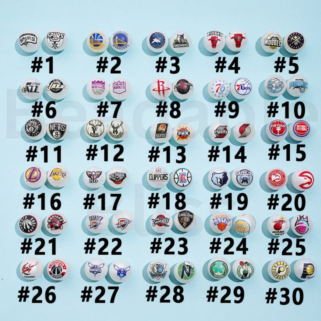 Collection of 30 basketball team logos with corresponding numbers on a light blue background

