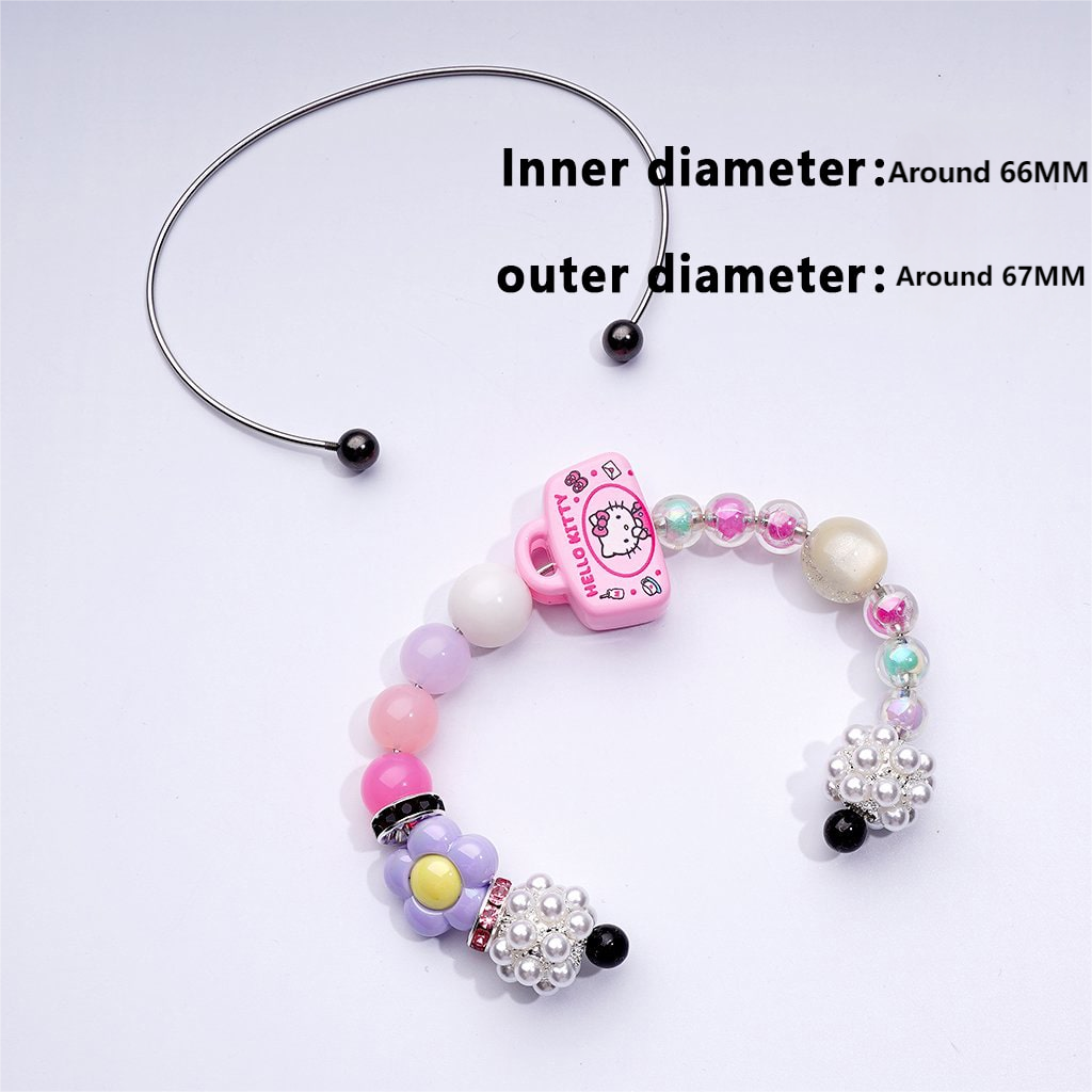 A colorful beadable bracelet with multi-tone round metal beads, displayed against a white background with text highlighting the inner and outer diameters.

