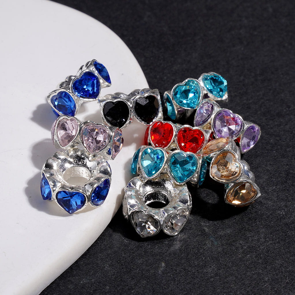 Silver Metal Beads with Shiny Heart Rhinestones, Big Hole Beads, 14MM, Multi-Color, Random Mix (The Hole Diameter is Around 4.5MM)