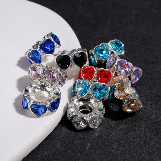 Silver Metal Beads with Shiny Heart Rhinestones, Big Hole Beads, 14MM, Multi-Color, Random Mix (The Hole Diameter is Around 4.5MM)
