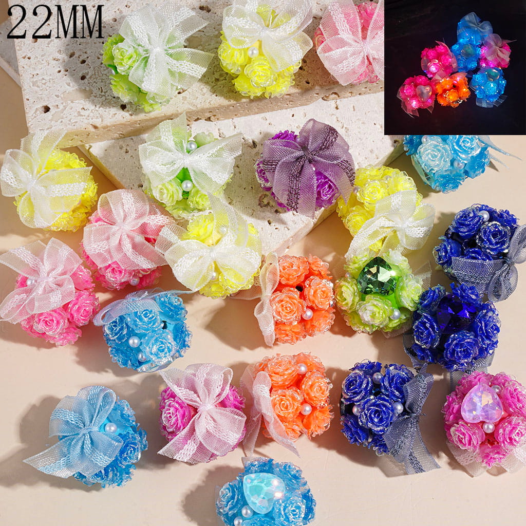 Clay Beads with Luminous Gold Glitter Flower and Lace Fabric Bowtie, Heart Shaped Rhinestone & White Pearl 22MM Multi-Color Random Mix