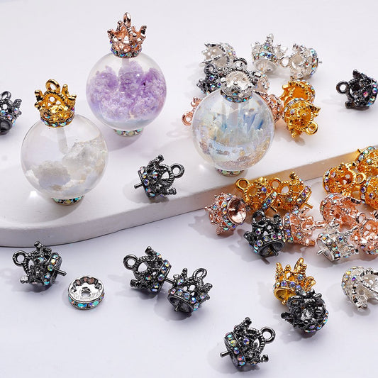 Collection of decorative bottle caps with various designs on a white surface

