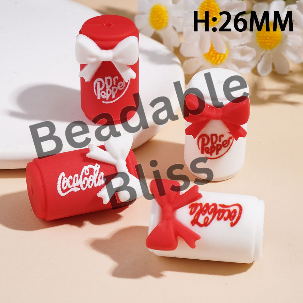 3D Soda Drinking Can with Bowknot Silicone Focal Beads, Height 26MM Multi-Color Random Mix