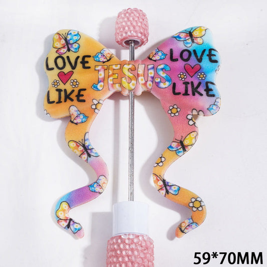 Silicone Focal Beads Soft Bowtie, Bowknot with Long Ribbon & Heart & Flower & Butterfly & Text "LOVE JESUS LIKE" Print, Gradient Base, 59*70MM