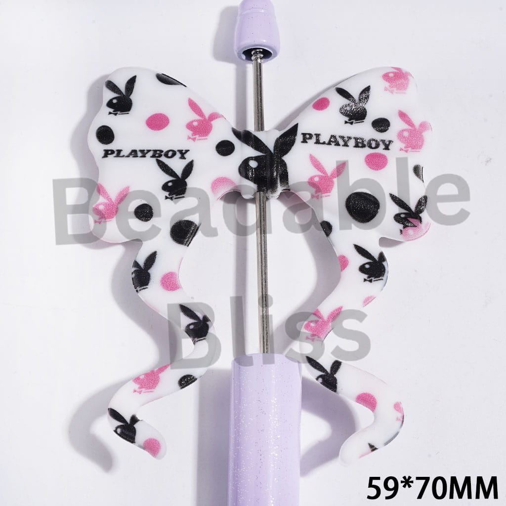 Silicone Focal Beads Bowtie with Long Ribbon, Pink and Black Cartoon Rabbit Head and Polka Dots Print, 59*70MM
