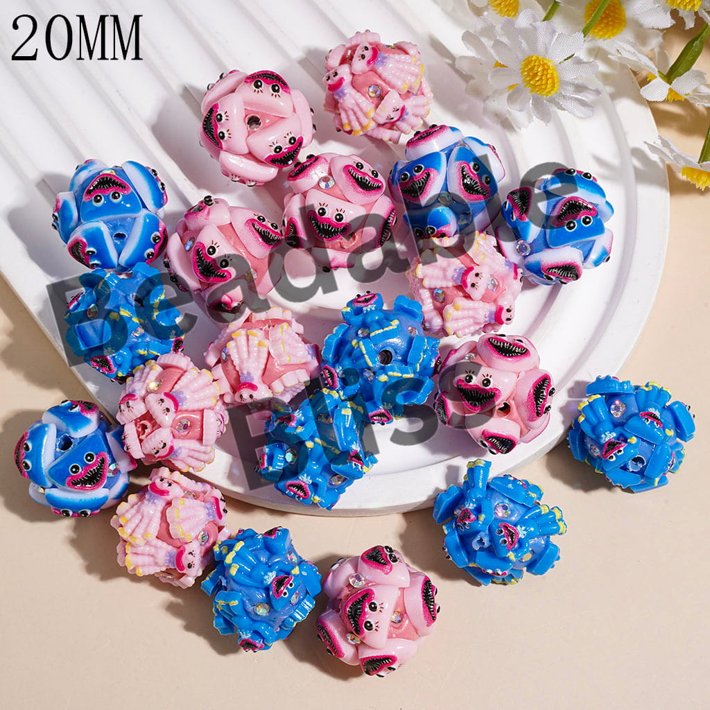 Clay Beads with Big Mouth Villain Doll, AB Rhinestones, 20MM, Pink and Blue, Random Mix