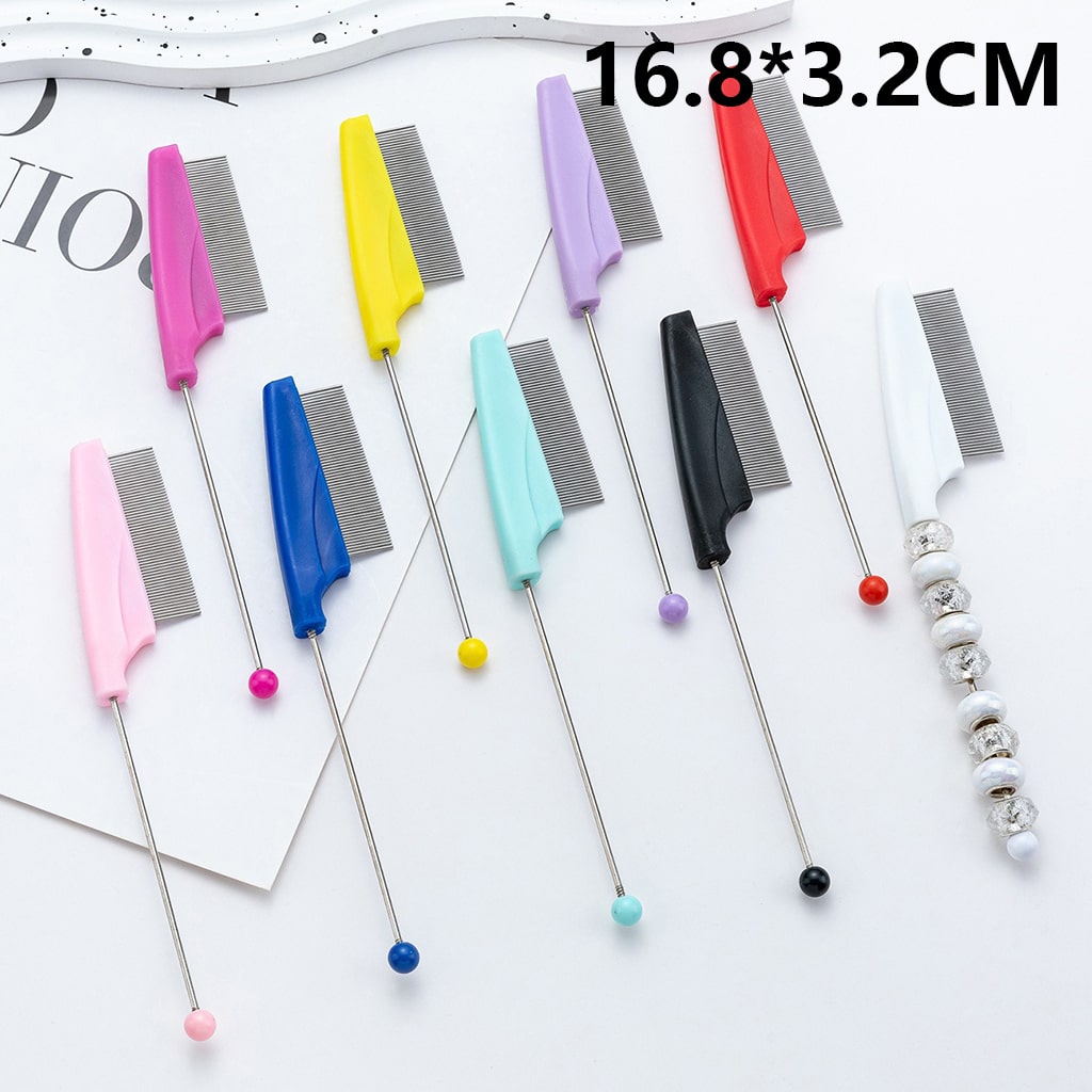 Set of colorful metal combs on a white background with dimensions displayed.

