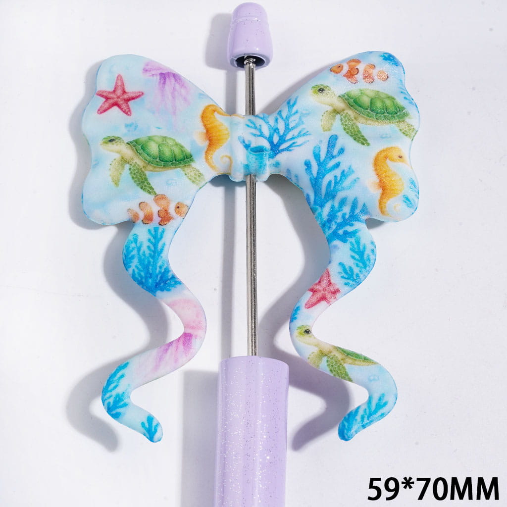 Silicone Focal Beads Soft Bowtie, Bowknot with Long Ribbon and Turtles Seahorses Clownfish Starfish Corals Jellyfish Print, 59*70MM