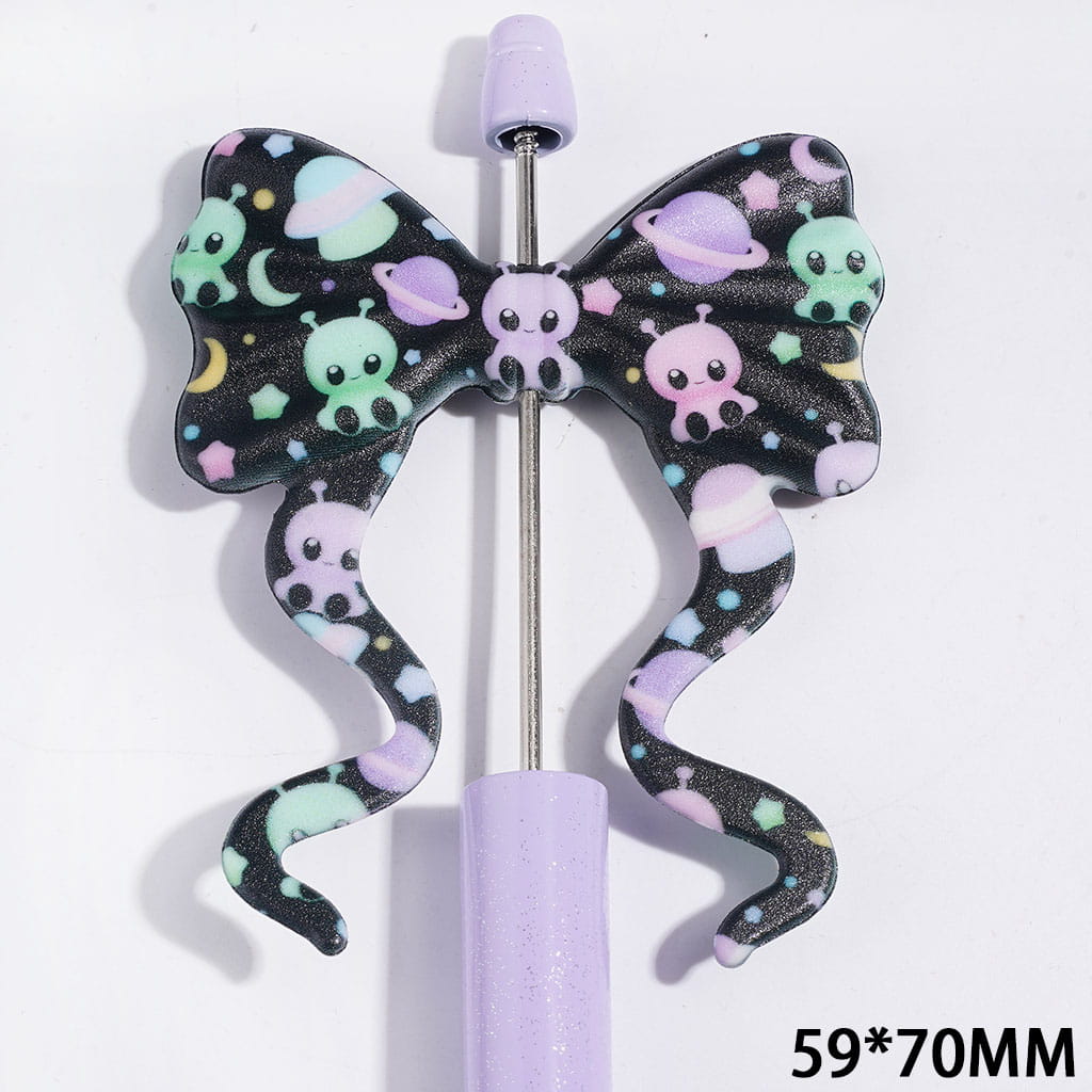 Silicone Focal Beads Bowtie with Long Ribbon, Space Alien Planet Moon Star Print, 59*70MM