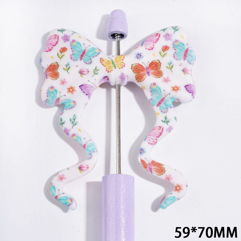 Silicone Focal Beads Soft Bowtie, Bowknot with Long Ribbon and Colorful Butterfly and Flower Pattern, 59*70MM