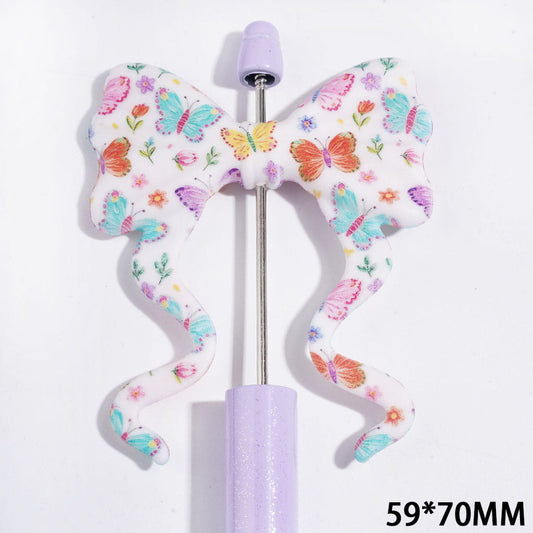 Silicone Focal Beads Soft Bowtie, Bowknot with Long Ribbon and Colorful Butterfly and Flower Pattern, 59*70MM