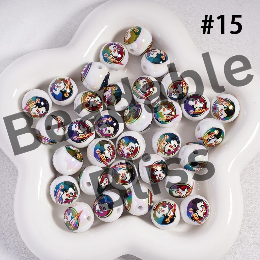 Colorful round beads with character designs on a white plate, labeled 'Beadable Beads'.

