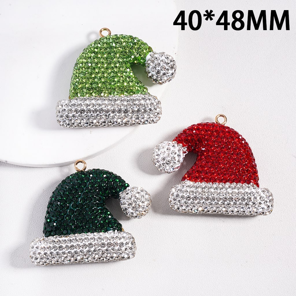 Three glittery Santa hats in green, red, and green on a white background with '40*48MM' text.
