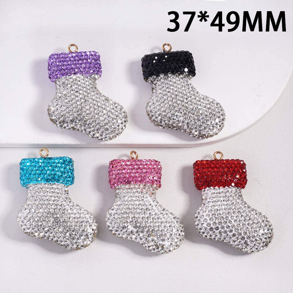 Decorative stocking pendants with colorful tops on a white background, labeled 37*49MM.
