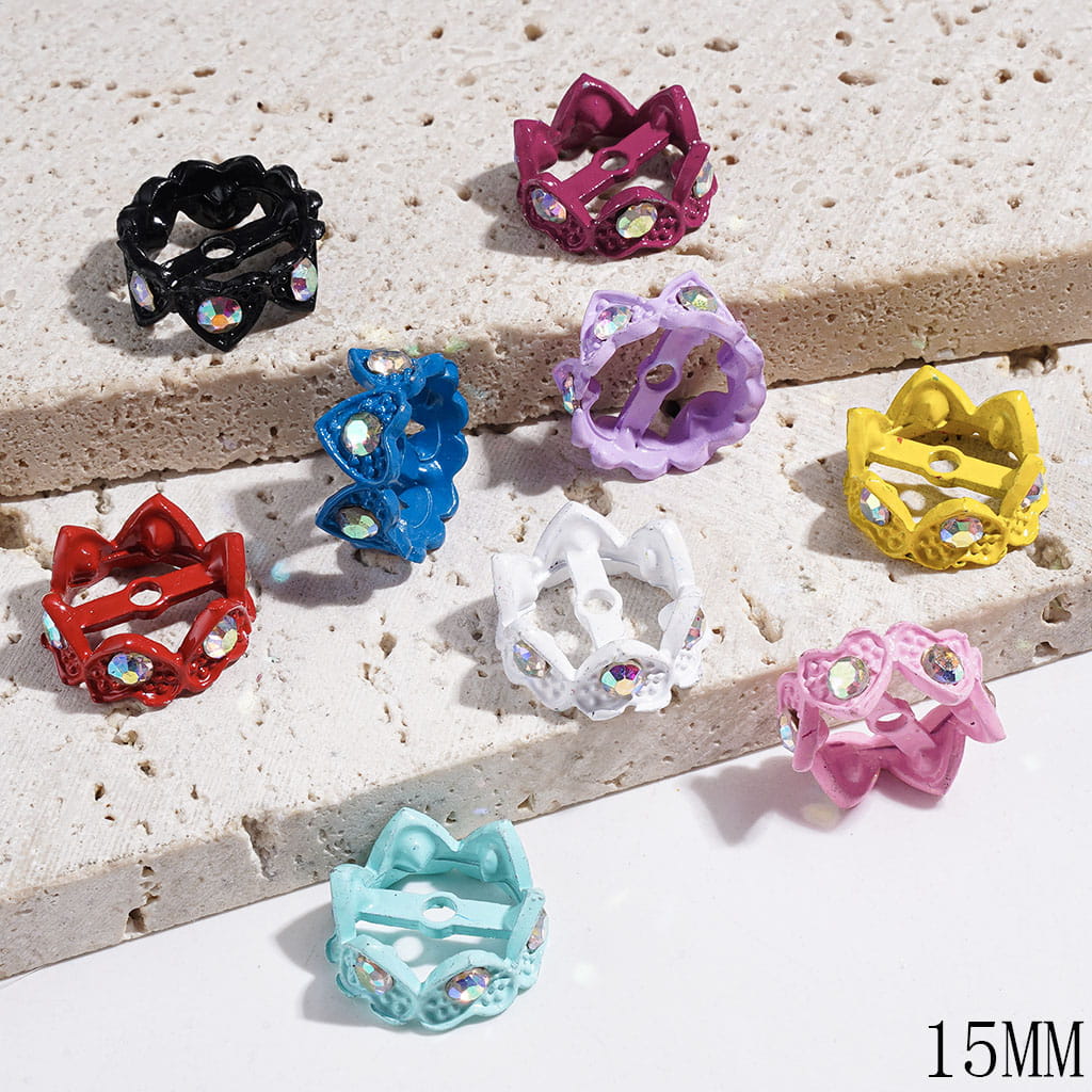 Metal Beads Cages Crown Design, Bead Cap with Heart and AB Rhinestones, 15MM, Multi-Color, Random Mix