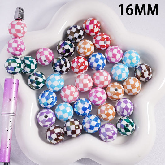 Colorful checkered beads on a white dish with a pink tool next to them, labeled '16MM'.