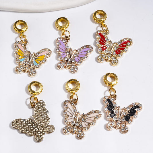 Metal Bail Loop Beads, Charm Pendants Butterfly with Clear Rhinestone, Multi-Color Random Mix