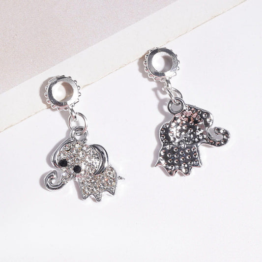 Silver Elephant with Clear and Black Rhinestones Metal Bail Beads for Hanging Charms and Pendants
