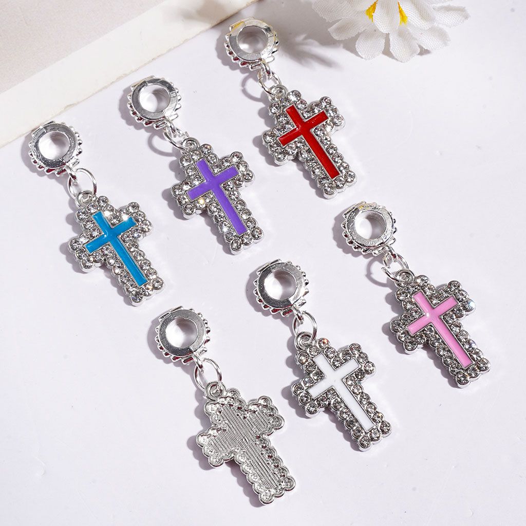 Silver Alloy Bail Beads, Charm Pendants Cross with Clear Rhinestone, Jewelry Accessory, Multi-Color Random Mix