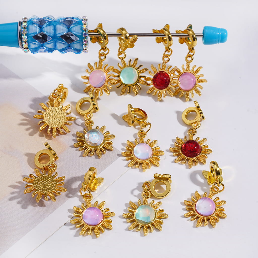 Gold Alloy Bail Beads with Butterfly, Charm Pendant Sun with Rhinestones, Multi-Color, Random Mix