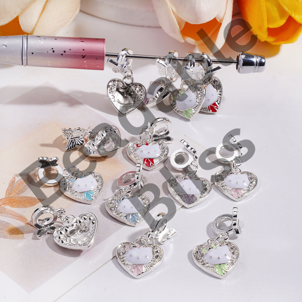 Silver Alloy Bail Beads with Butterfly, Charm Pendant Heart with Cute Cat Character & Clear Rhinestones, Multi-Color, Random Mix