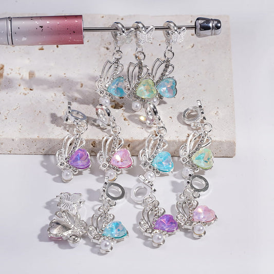 Silver Alloy Bail Beads with Butterfly, Charm Pendant Butterfly Wings with Heart & Clear Rhinestone White Pearl, Random Mix