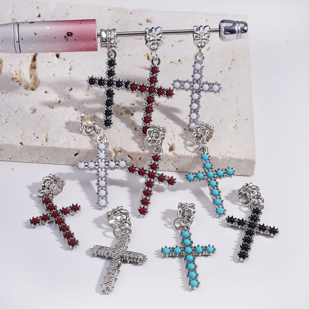 Silver Alloy Charm Religion Christianity Cross with Mini Balls, Multi-Color, Random Mix