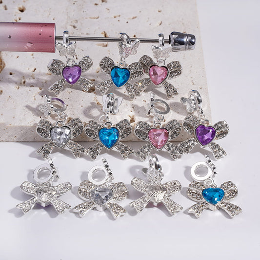 Silver Alloy Bail Beads with Butterfly, Charm Pendant Bowknot with Heart and Clear Rhinestones, Random Mix